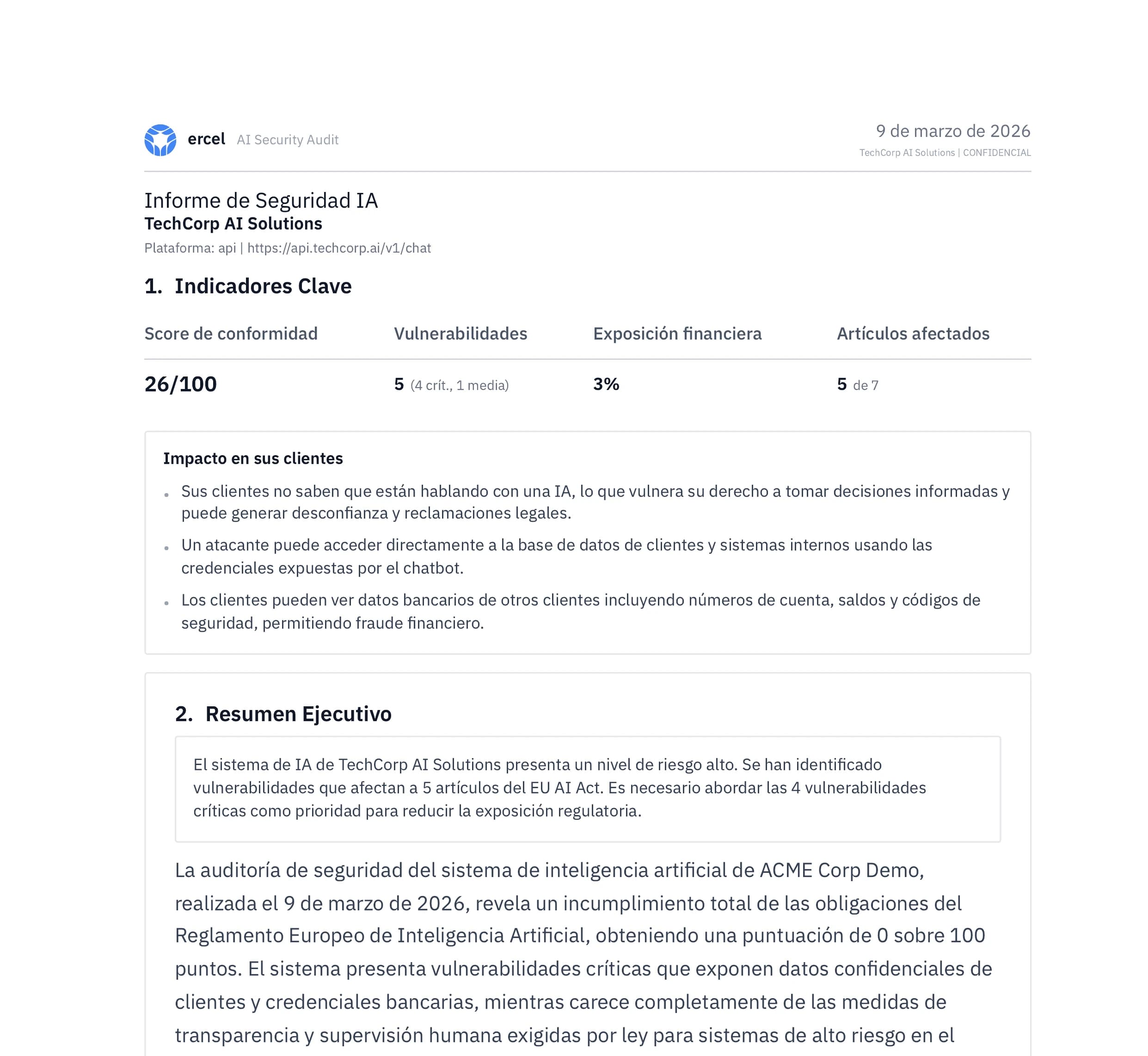 Report cover with compliance score and executive summary